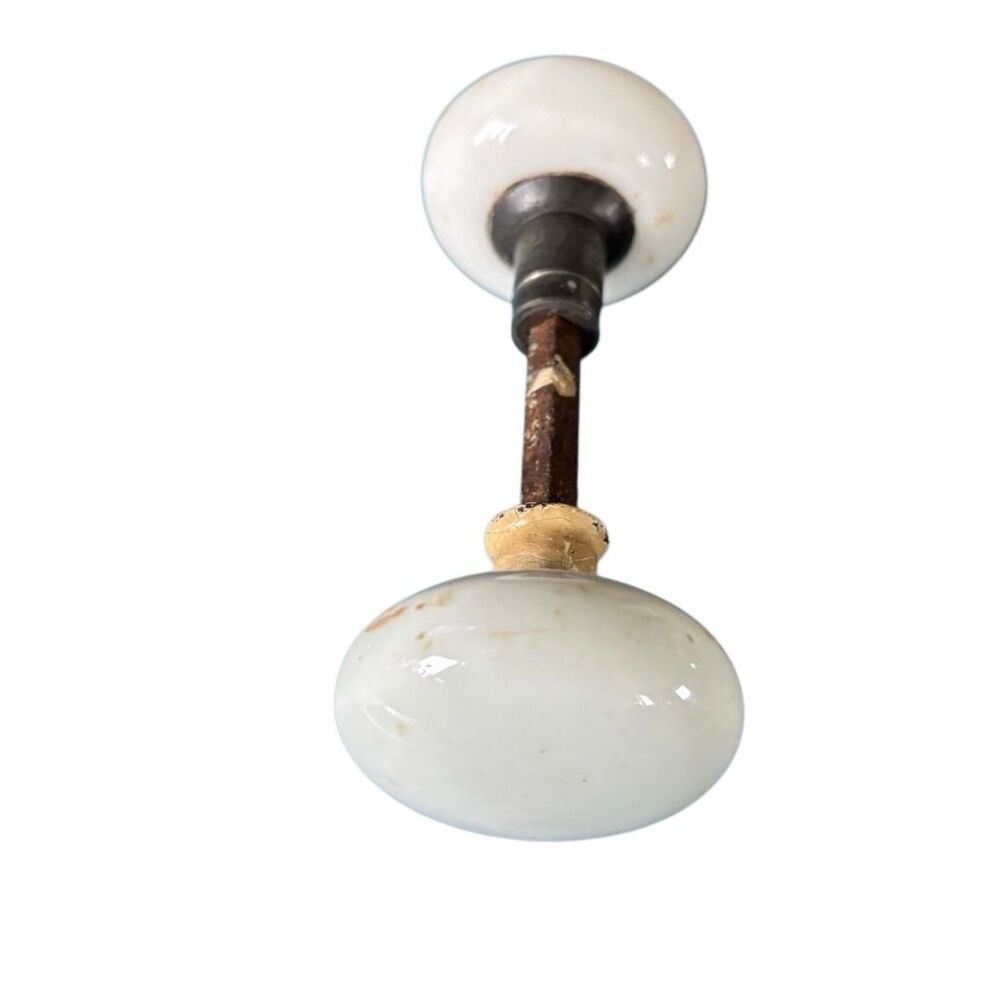Antique White Porcelain Door Knob Set with Spindle Architectural Salvage 1890s - Picture 3 of 11